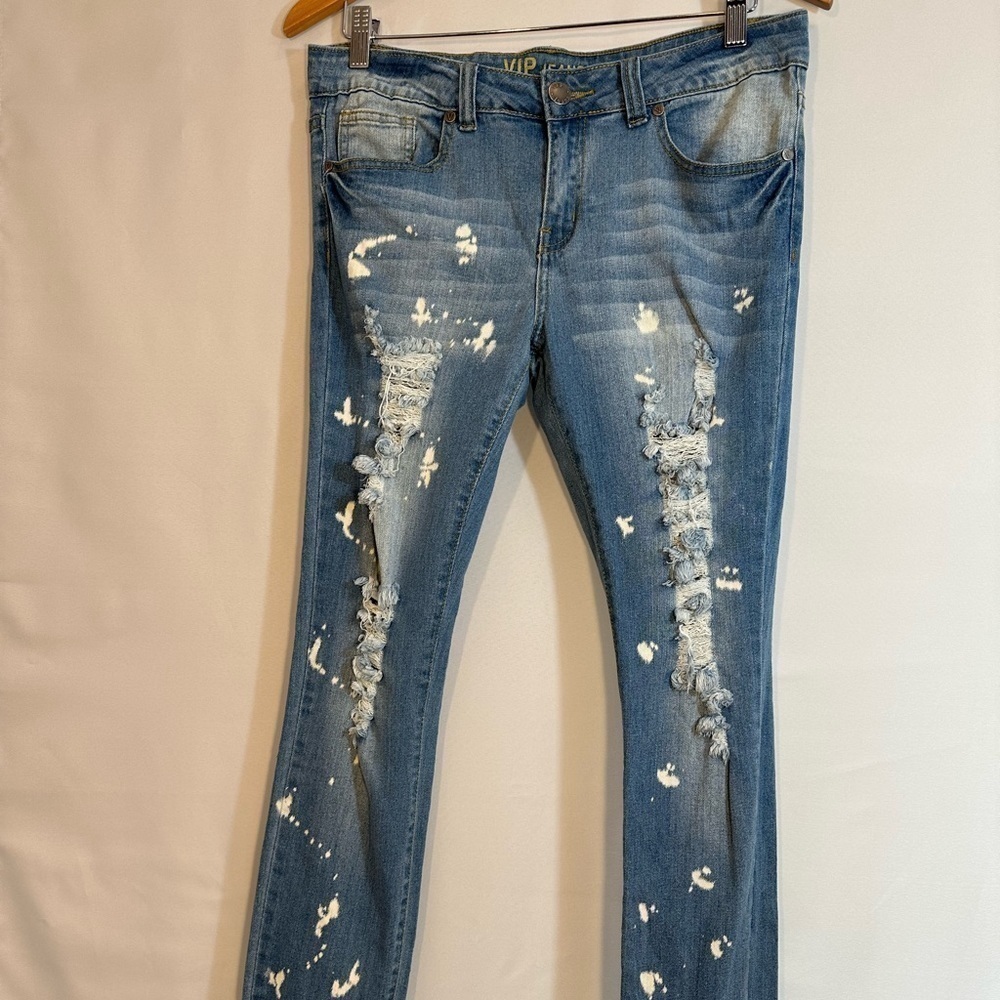 VIP Jeans Womens Blue Denim Distressed Ripped Jeans Size 9/10 Roll Up Hemline - Picture 2 of 16